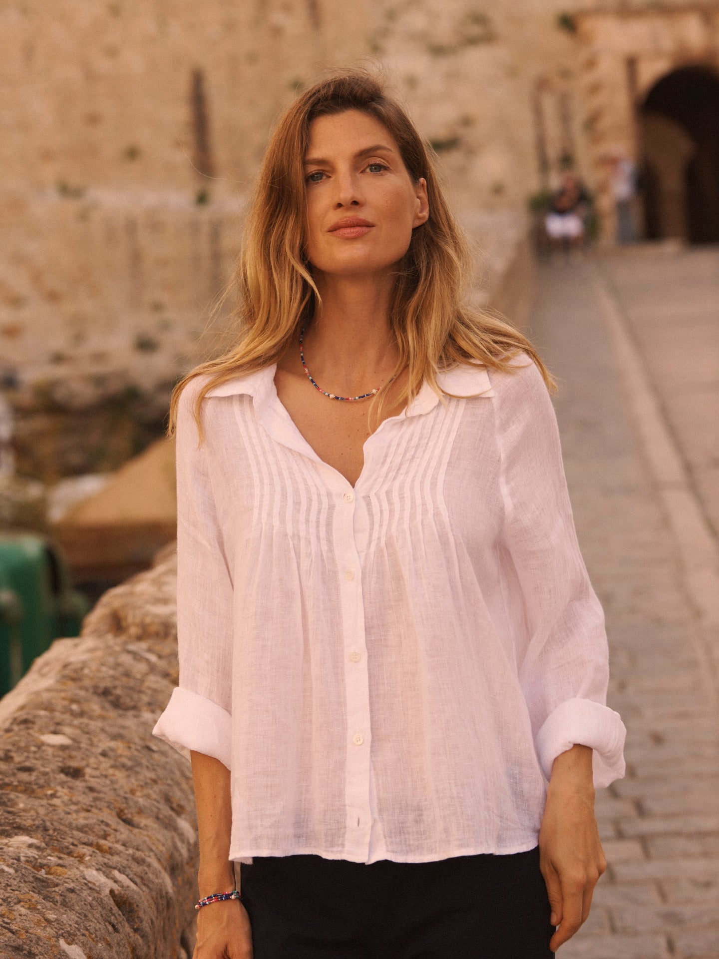 Lydia gauze linen pintuck shirt - White