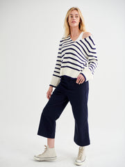 Tilly cotton cashmere blend v neck sweater - Navy Stripe