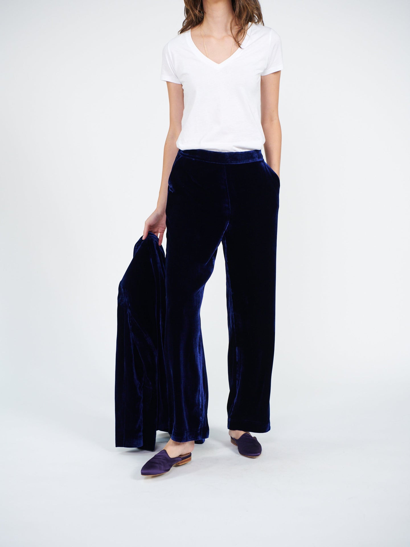 Thea silk blend velvet wide leg palazzo trousers - Navy