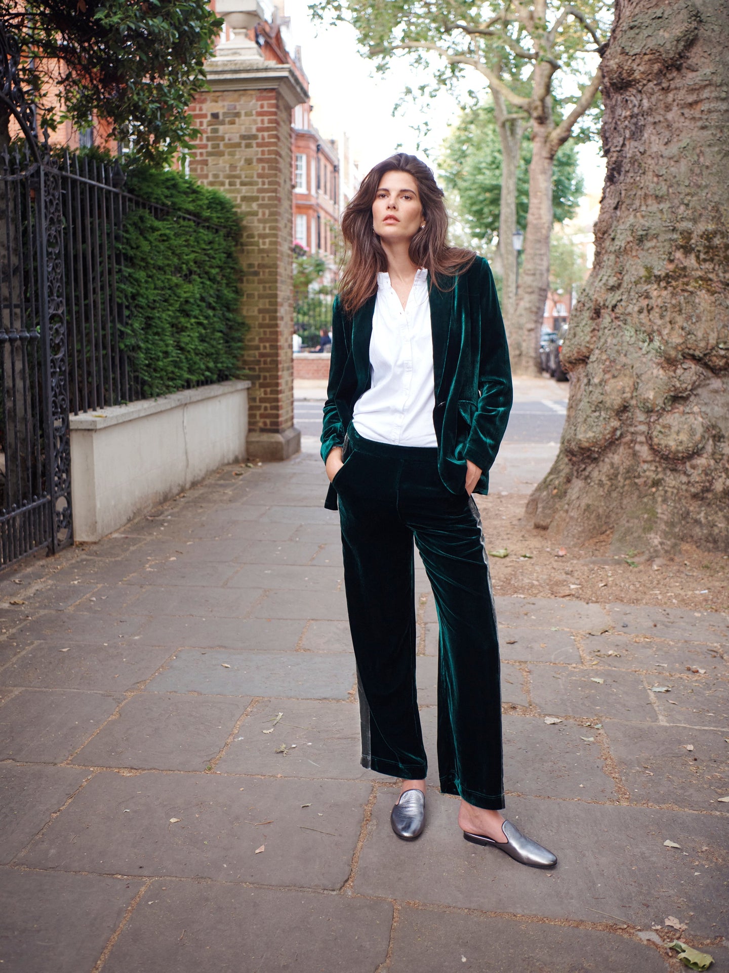 Thea silk blend velvet side stripe trouser - Forest / Khaki