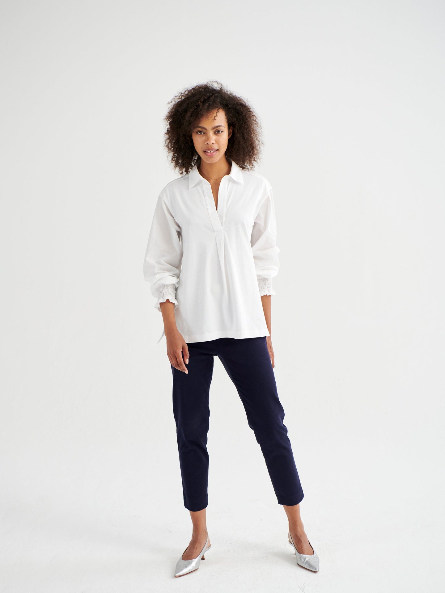 Aria jersey and cotton shirred cuff shirt - White