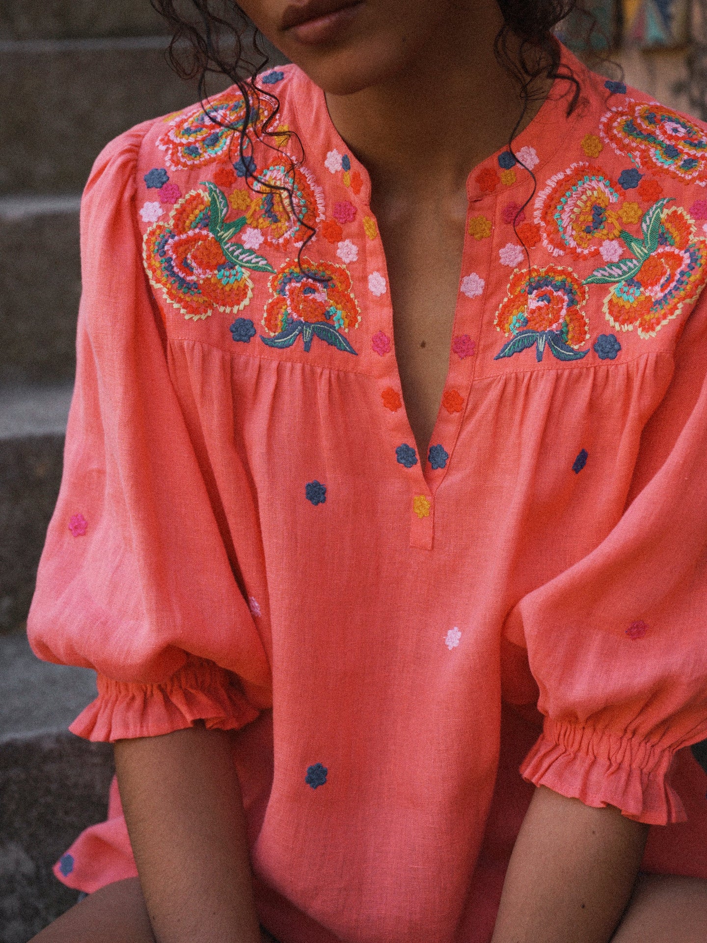 Andi linen embroidered shirt - Soft Orange