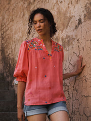 Andi linen embroidered shirt - Soft Orange