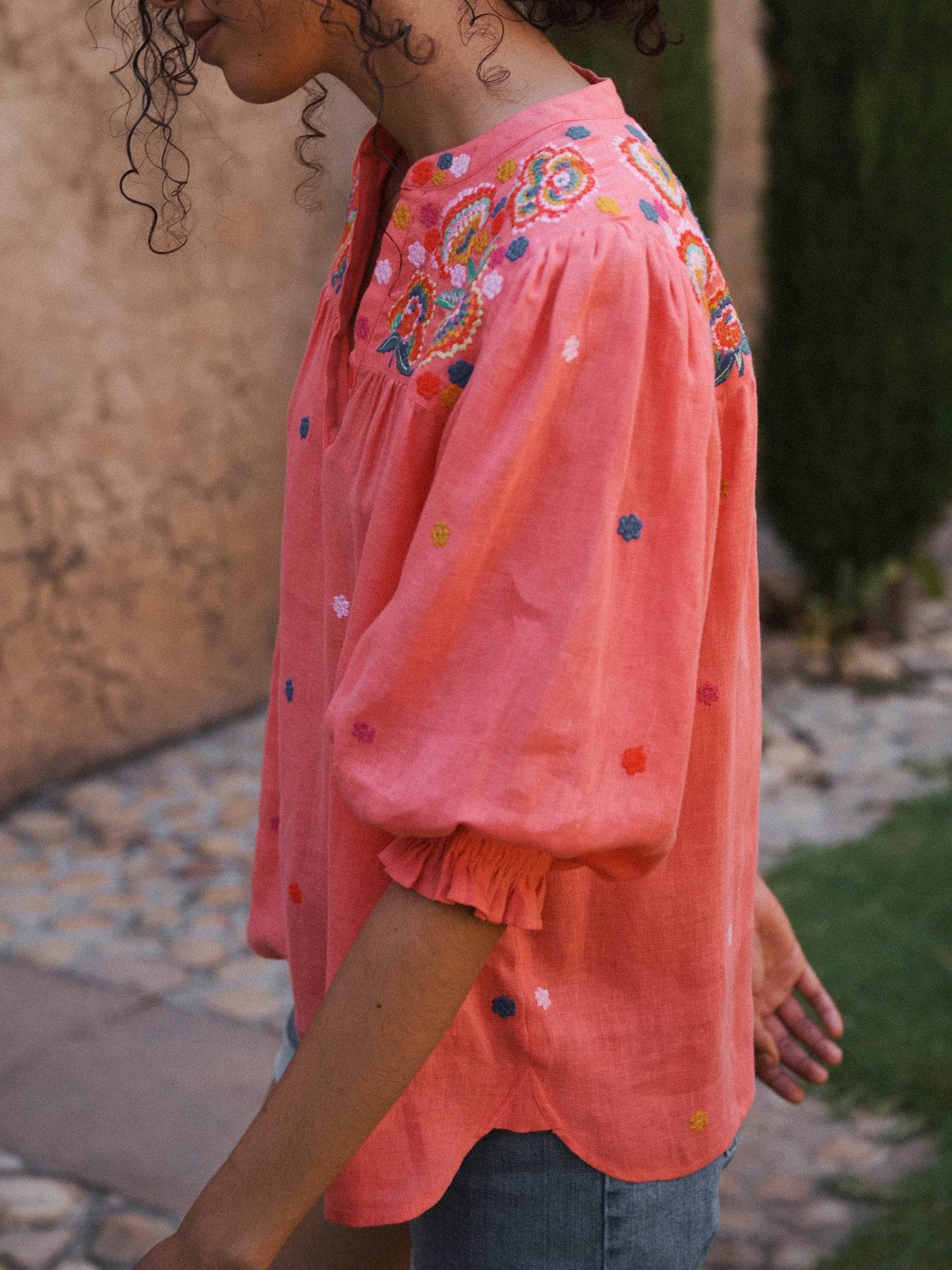 Andi linen embroidered shirt - Soft Orange