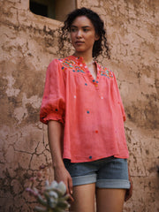 Andi linen embroidered shirt - Soft Orange