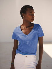 Charlie linen v neck t shirt - Azure