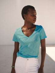 Charlie linen v neck t shirt - Aqua