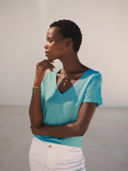 Charlie linen v neck t shirt - Aqua