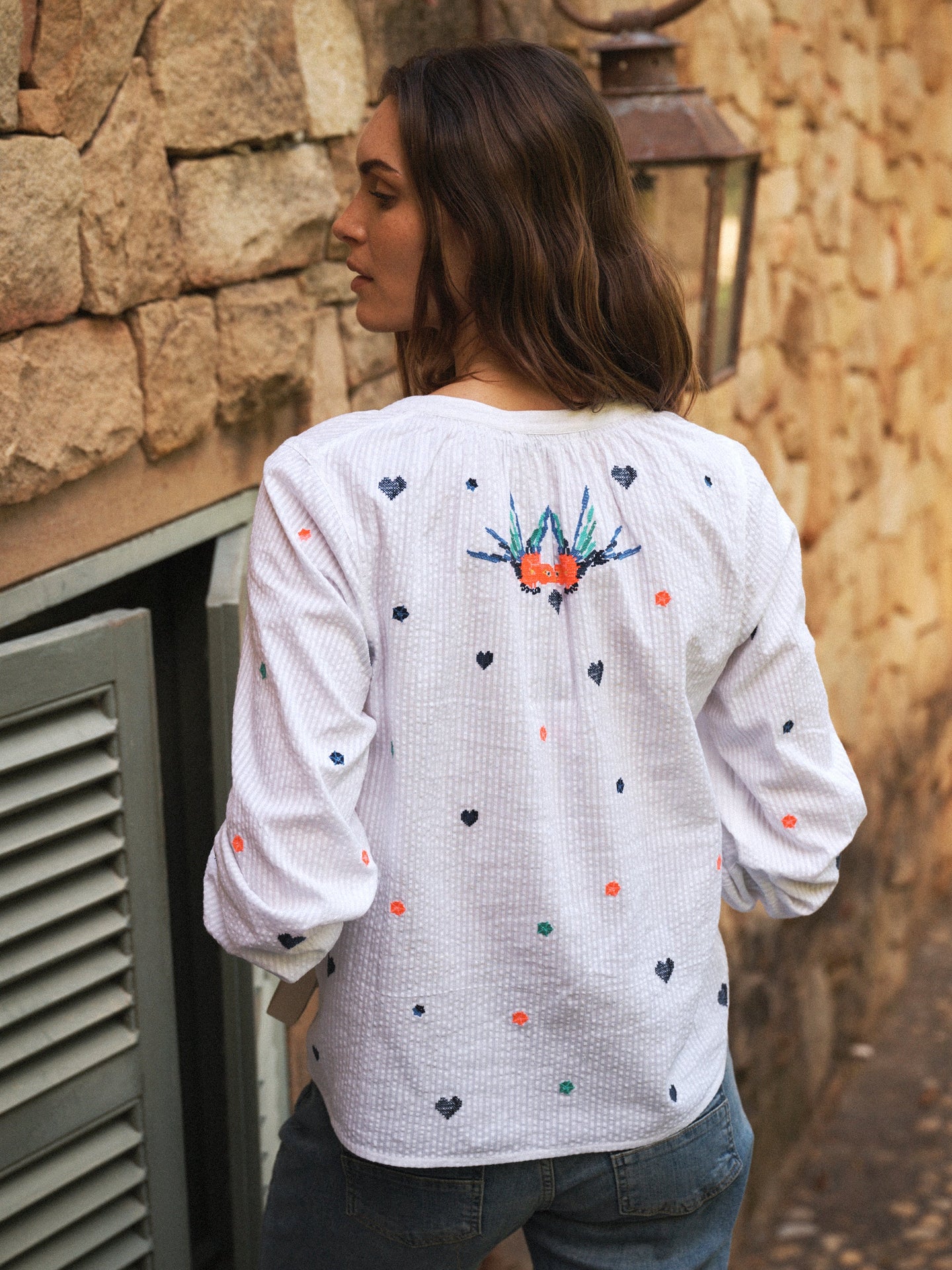 Lovebird cotton embroidered shirt - White