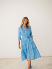Braga gauze linen tiered dress - Delft Blue