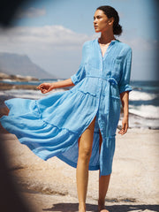 Braga gauze linen tiered dress - Delft Blue