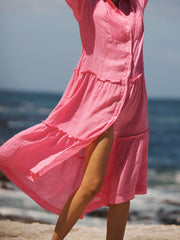 Braga gauze linen tiered dress - Peony Pink