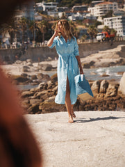 Carmen linen dress - Turquoise / Pink