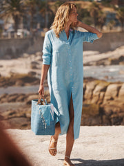 Carmen linen dress - Turquoise / Pink