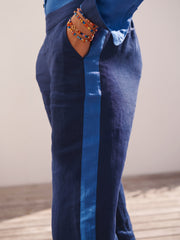 Thea linen side stripe trouser - Navy / Blue