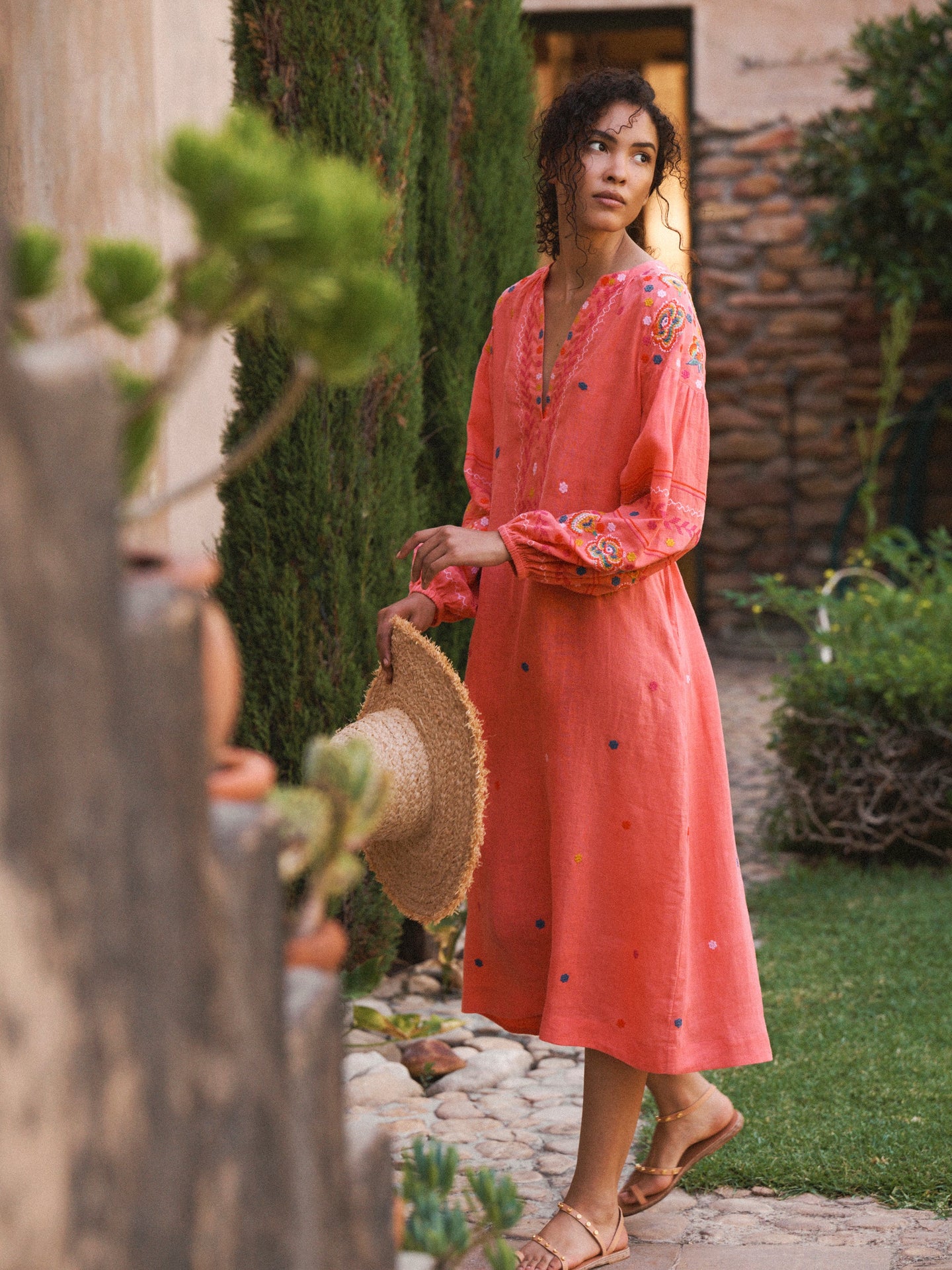 Erica linen embroidered dress - Soft Orange
