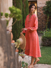 Erica linen embroidered dress - Soft Orange