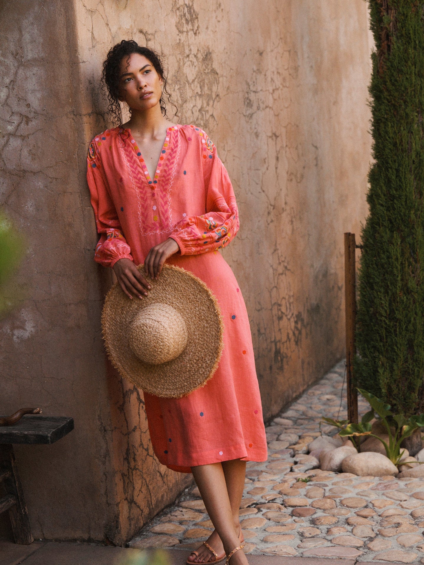 Erica linen embroidered dress - Soft Orange
