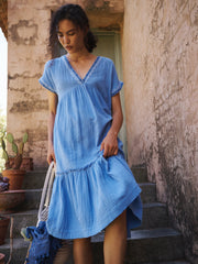 Gia cotton double cloth embroidered tiered dress - Azure