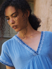 Gia cotton double cloth embroidered tiered dress - Azure