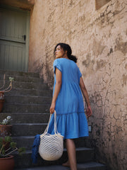 Gia cotton double cloth embroidered tiered dress - Azure