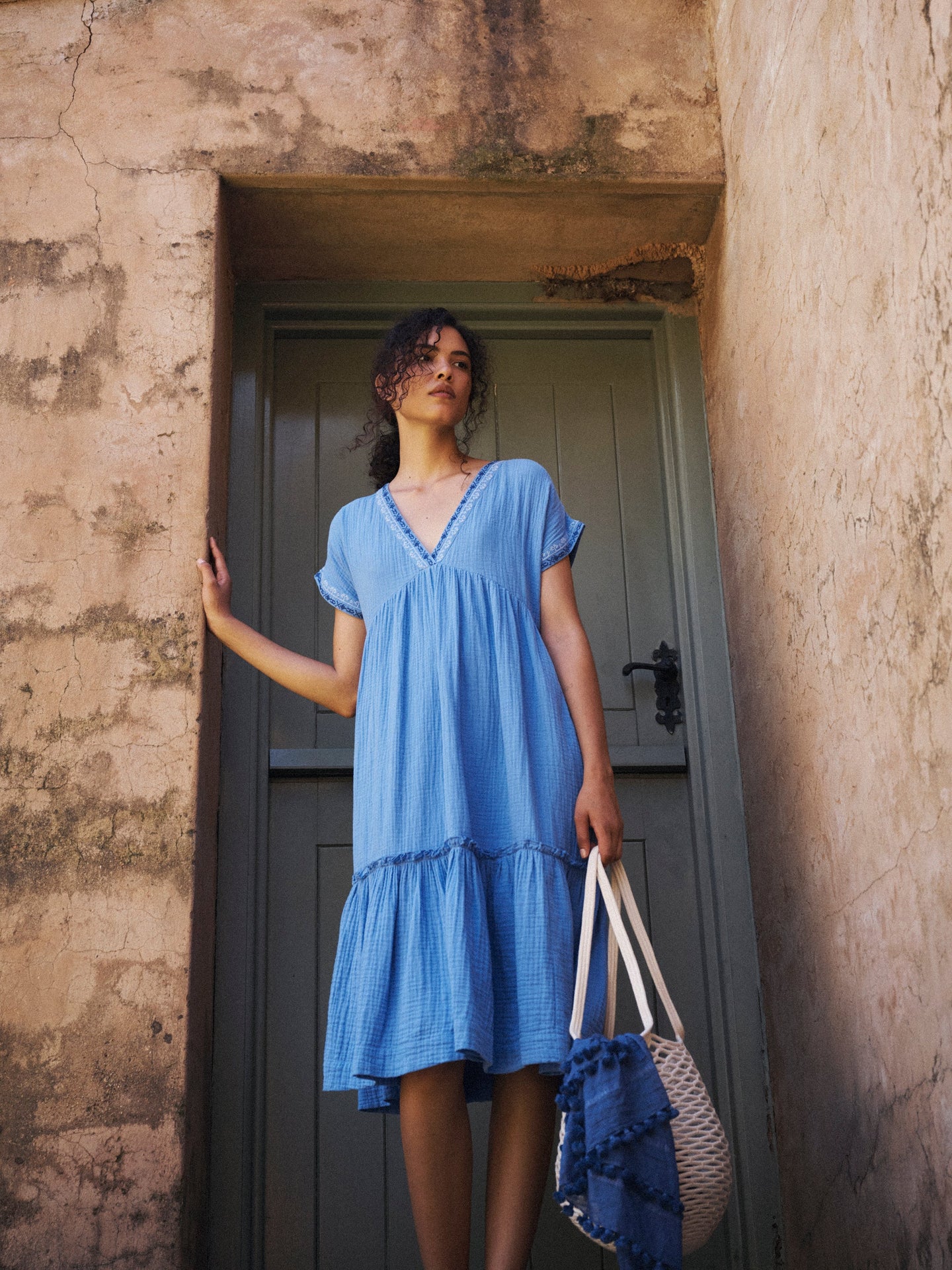 Gia cotton double cloth embroidered tiered dress - Azure