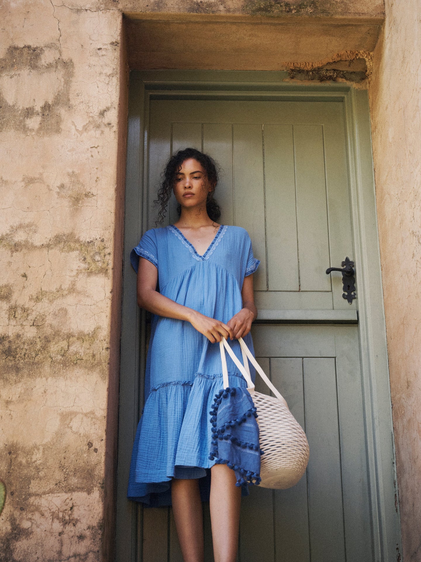 Gia cotton double cloth embroidered tiered dress - Azure