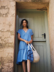 Gia cotton double cloth embroidered tiered dress - Azure