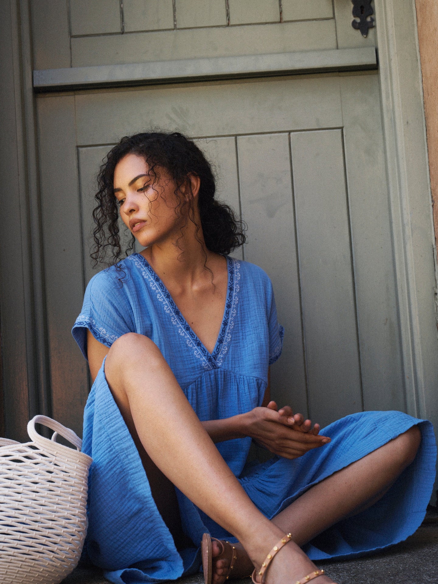 Gia cotton double cloth embroidered tiered dress - Azure