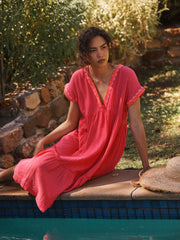 Gia cotton double cloth embroidered tiered dress - Pink