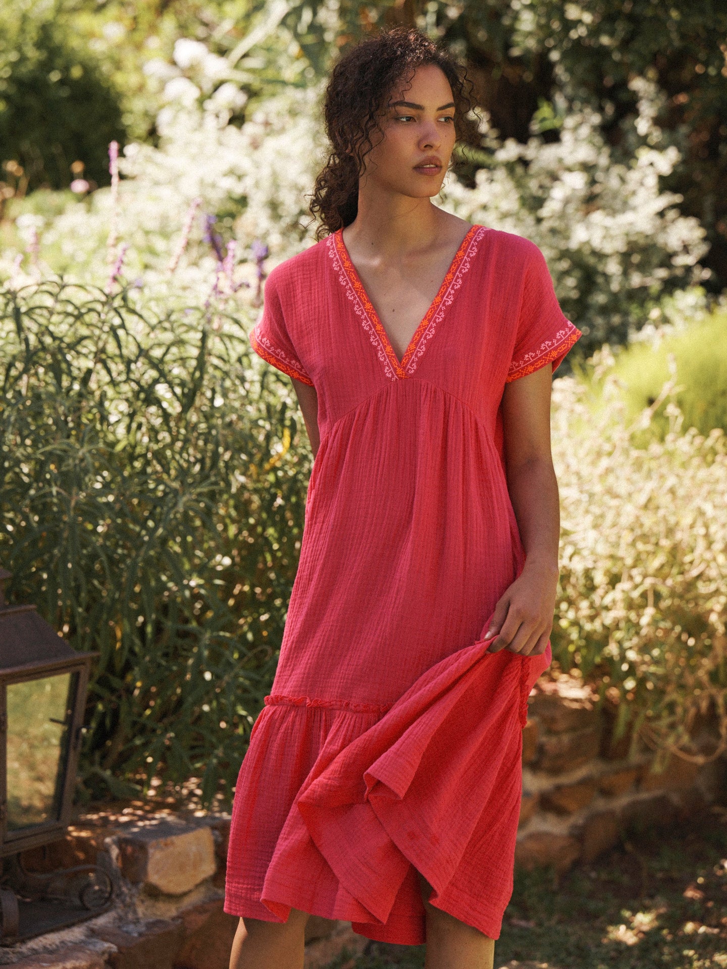 Gia cotton double cloth embroidered tiered dress - Pink