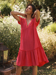 Gia cotton double cloth embroidered tiered dress - Pink