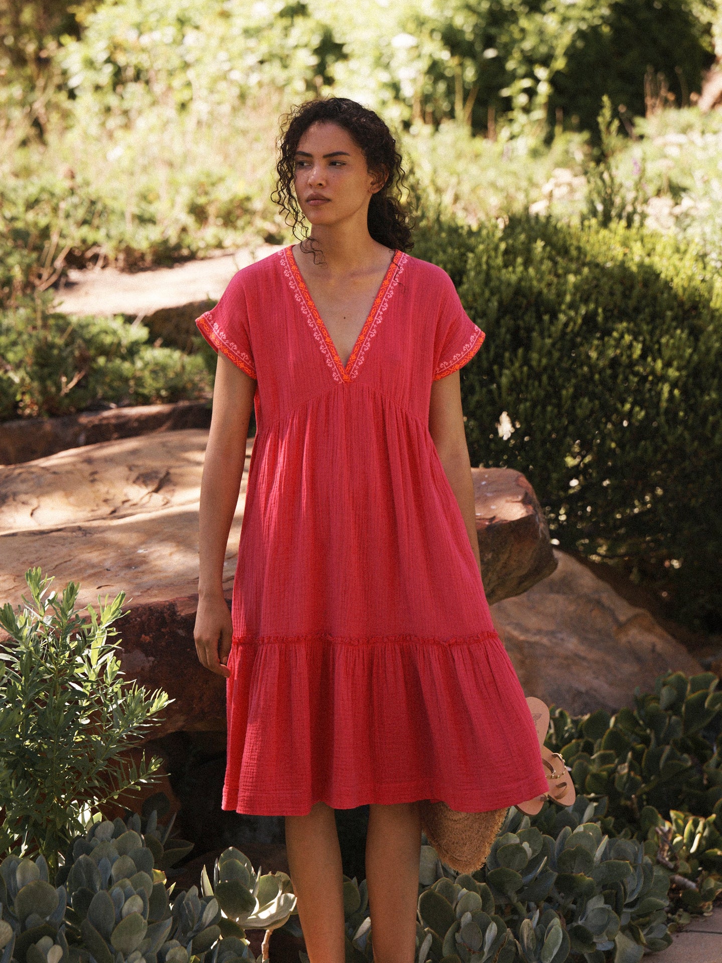 Gia cotton double cloth embroidered tiered dress - Pink