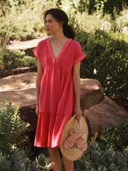 Gia cotton double cloth embroidered tiered dress - Pink