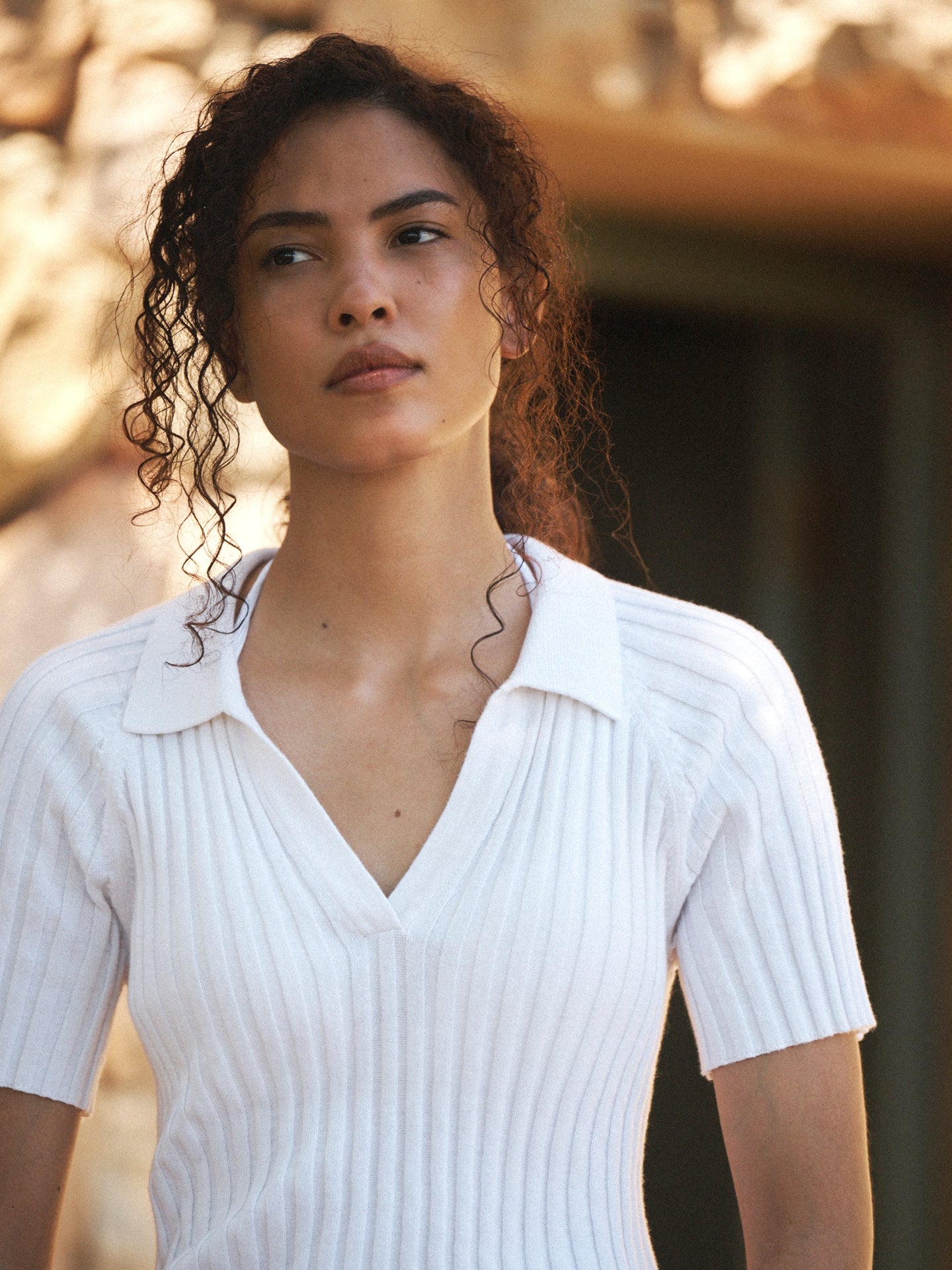 Hannah cotton cashmere ribbed polo shirt - White