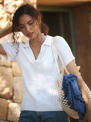 Hannah cotton cashmere ribbed polo shirt - White