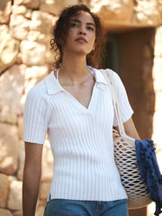 Hannah cotton cashmere ribbed polo shirt - White