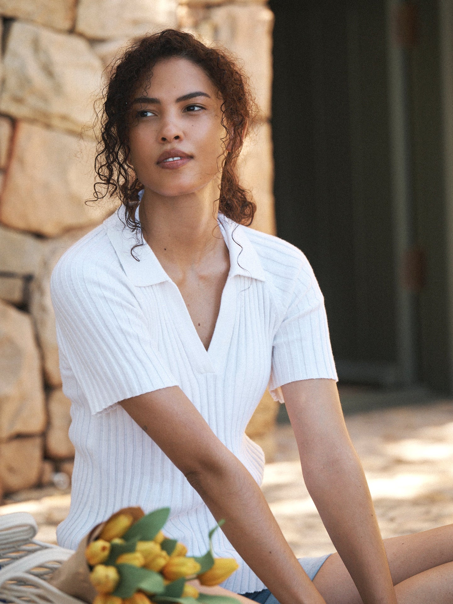 Hannah cotton cashmere ribbed polo shirt - White