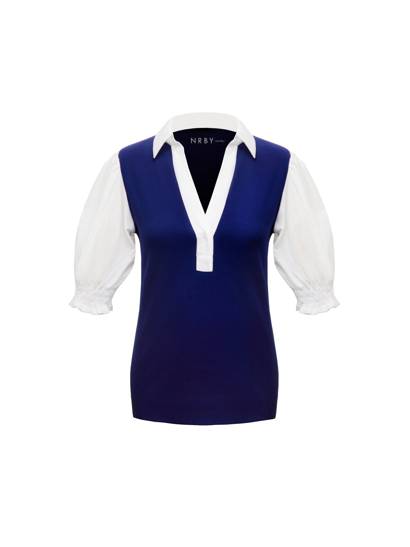 Evelyn jersey and cotton short sleeve shirt - Navy/White