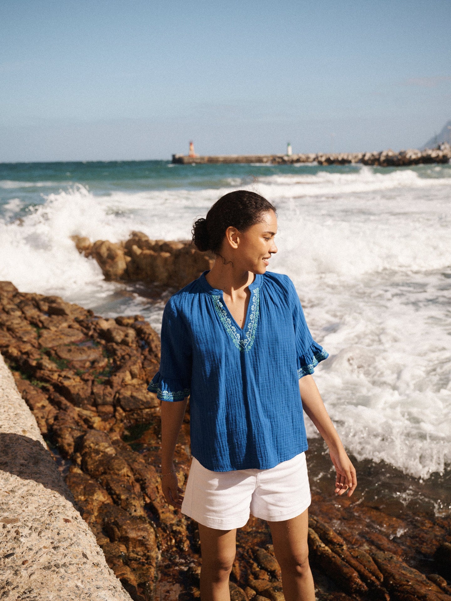 Kayla cotton double cloth embroidered top - Cobalt