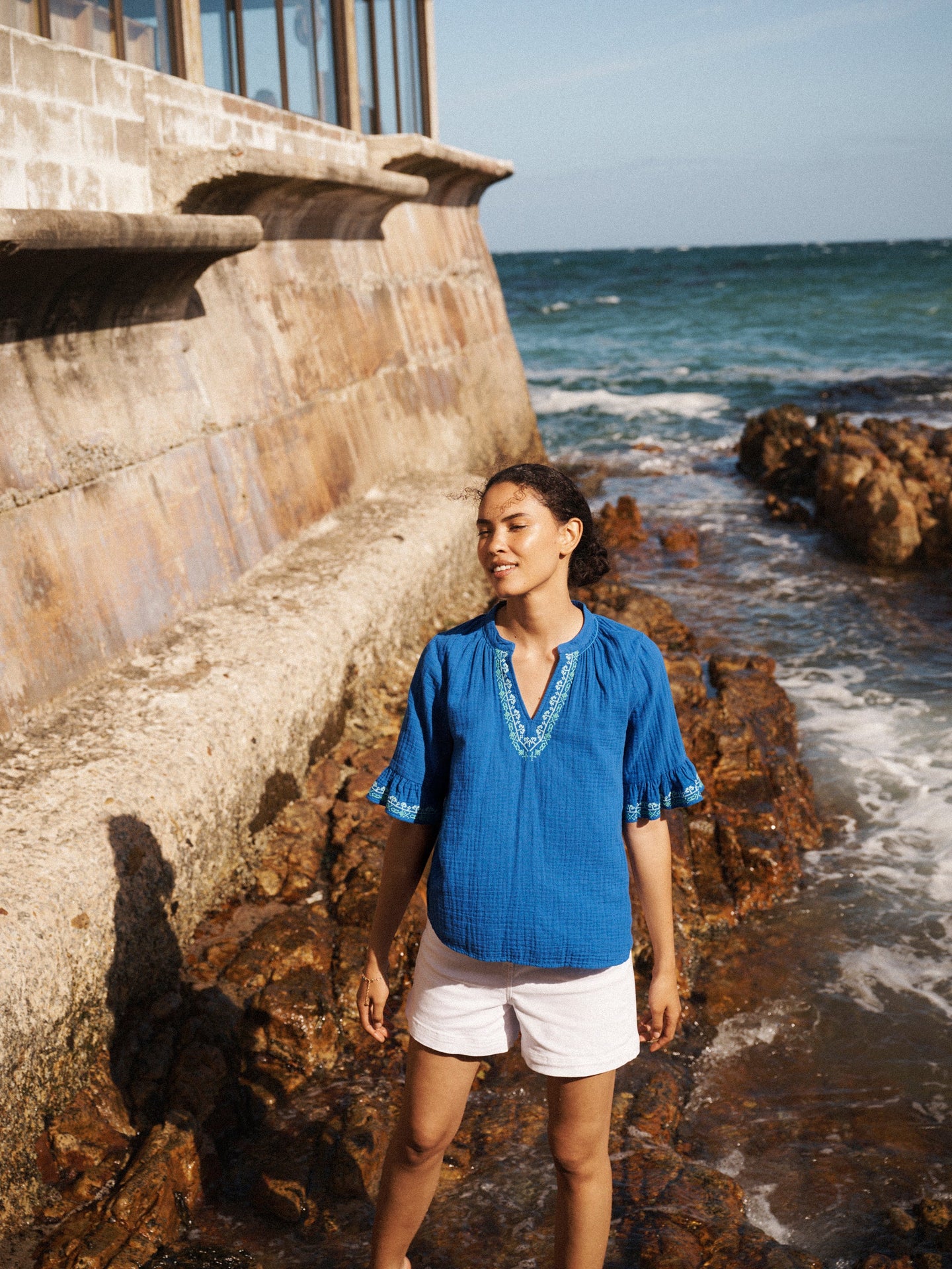 Kayla cotton double cloth embroidered top - Cobalt