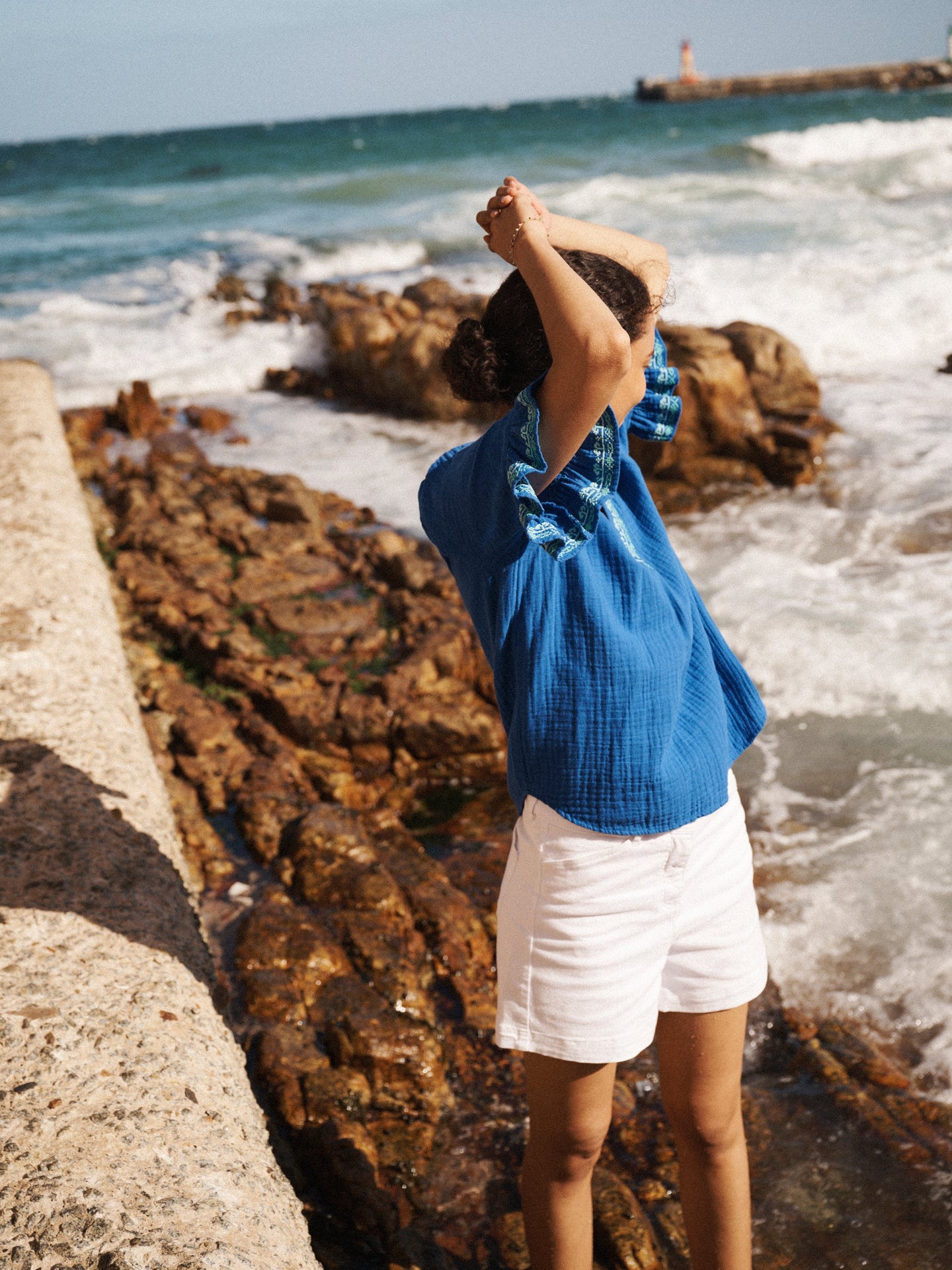 Kayla cotton double cloth embroidered top - Cobalt