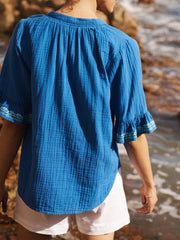 Kayla cotton double cloth embroidered top - Cobalt