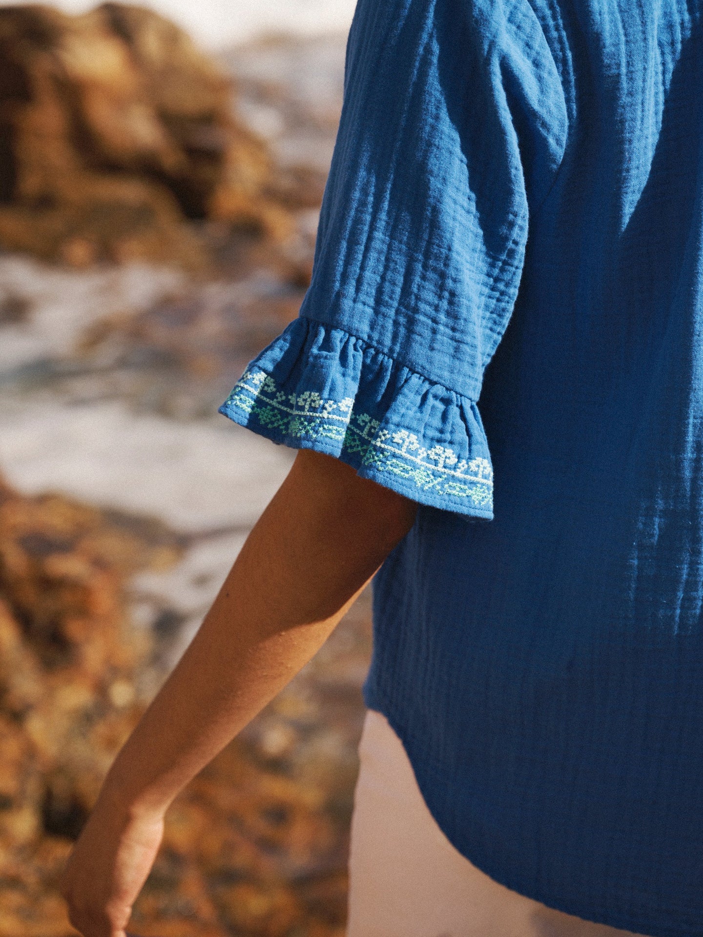 Kayla cotton double cloth embroidered top - Cobalt