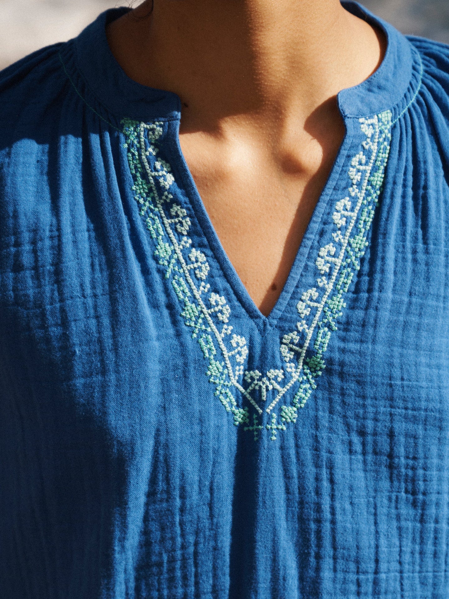 Kayla cotton double cloth embroidered top - Cobalt