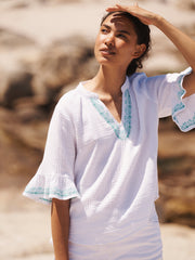 Kayla cotton double cloth embroidered top - White