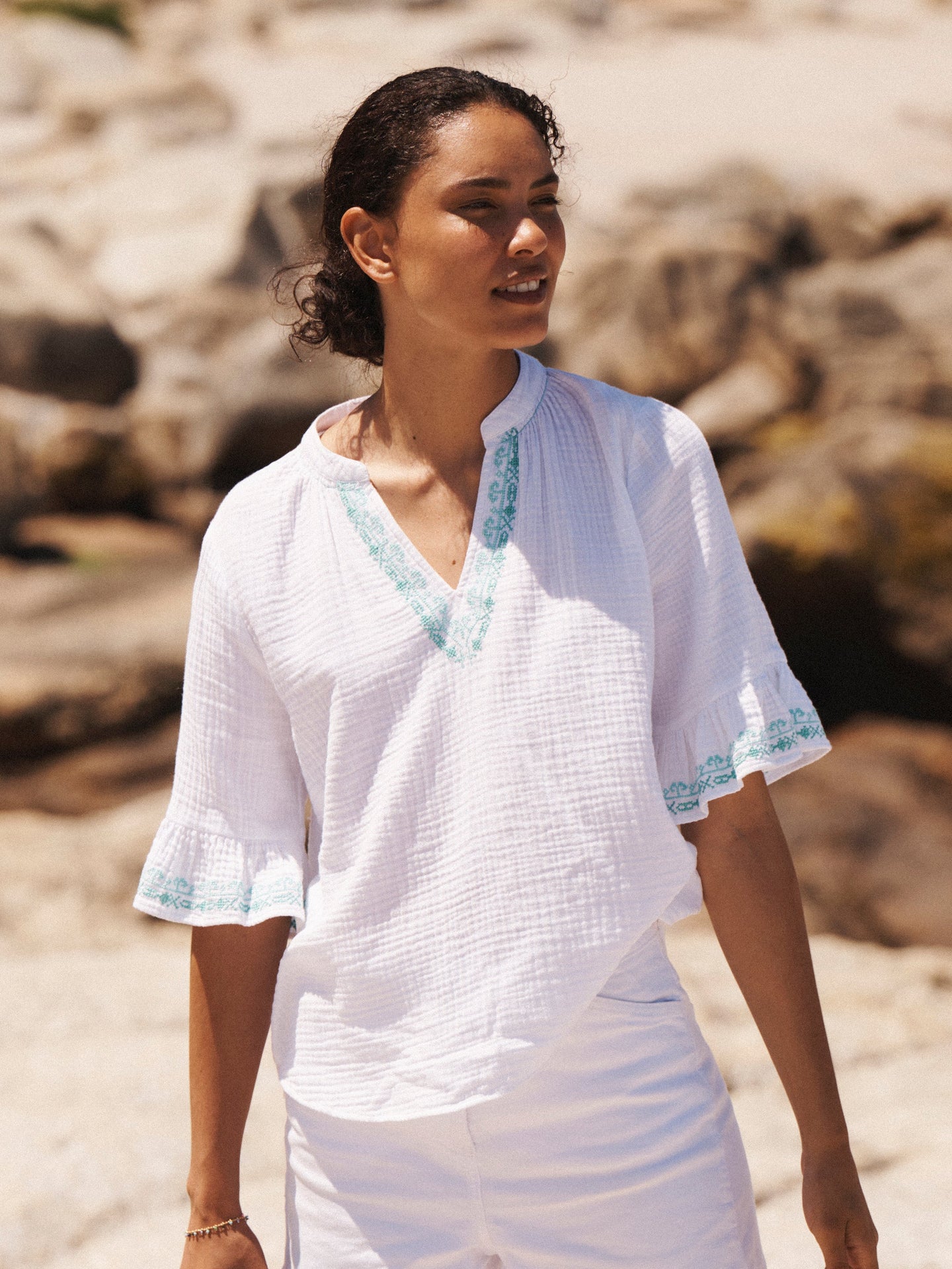 Kayla cotton double cloth embroidered top - White