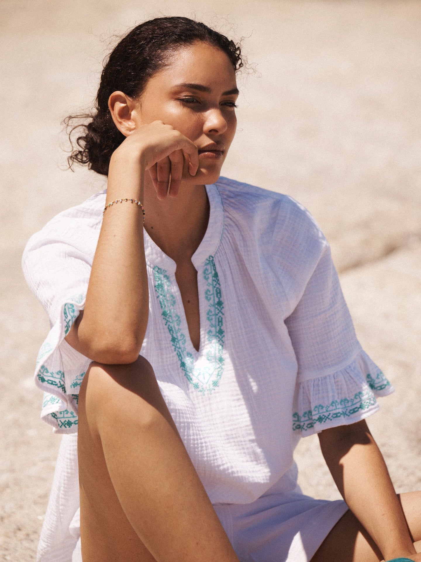 Kayla cotton double cloth embroidered top - White