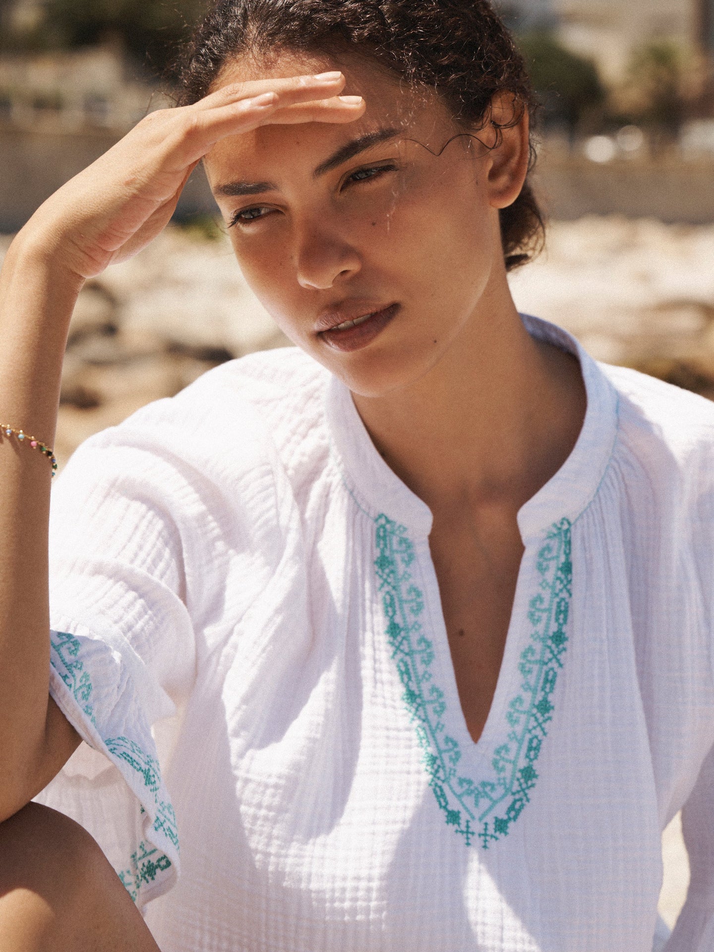 Kayla cotton double cloth embroidered top - White