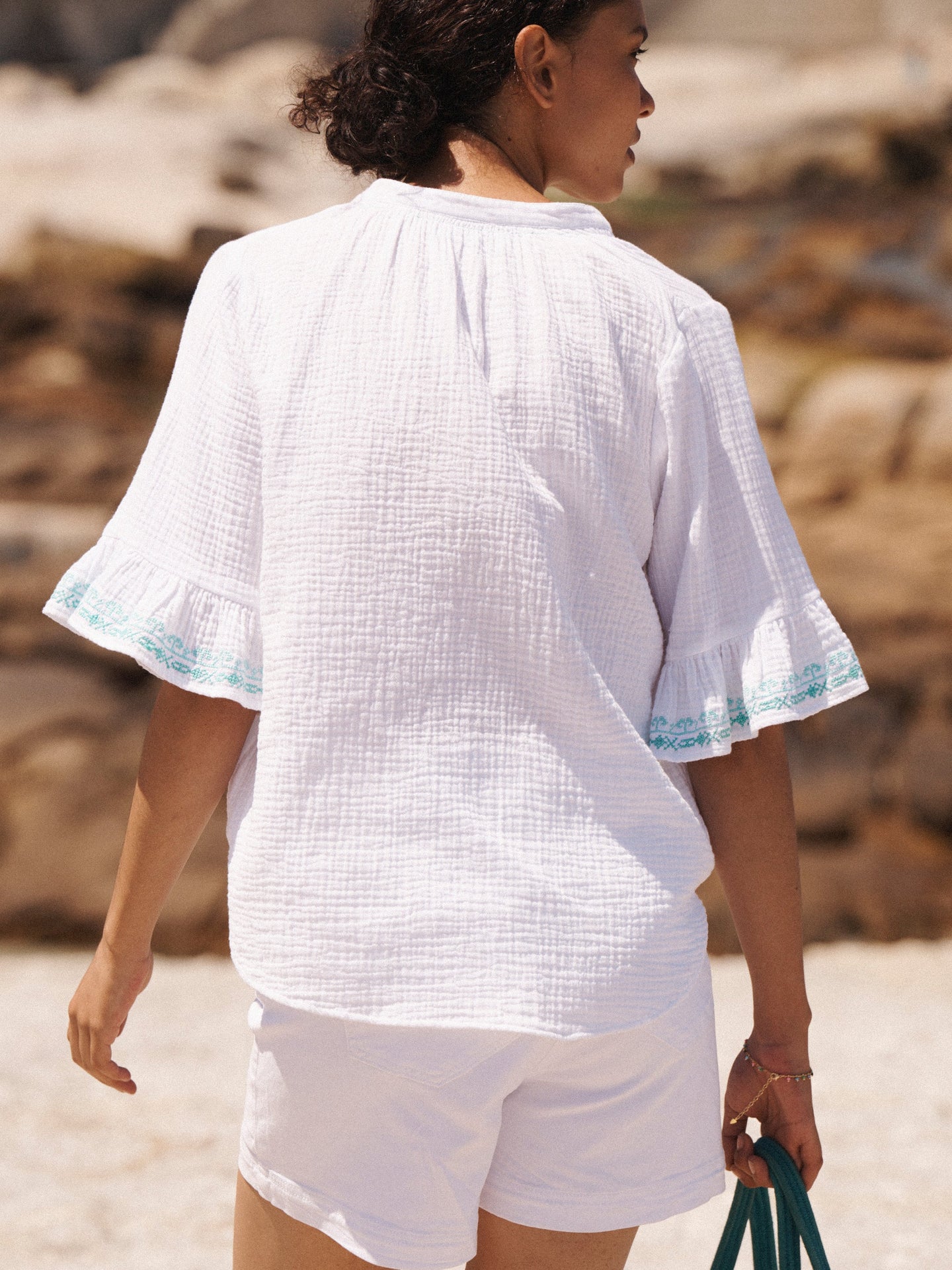 Kayla cotton double cloth embroidered top - White